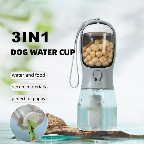 Gourde 3 en 1 pour chien avec distributeur de sacs pour nourriture et déjections | Gobelet de voyage portable pour animaux