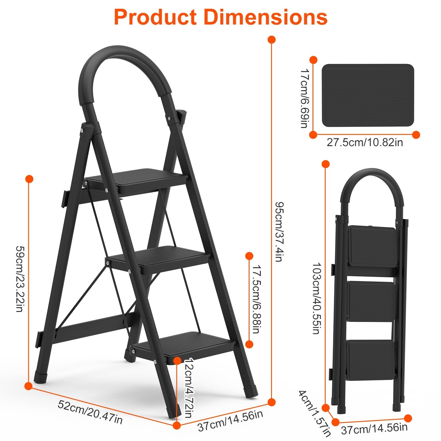 3-Step Foldable Ladder with Anti-Slip Pedals & Soft Handgrip | 330 lbs Capacity