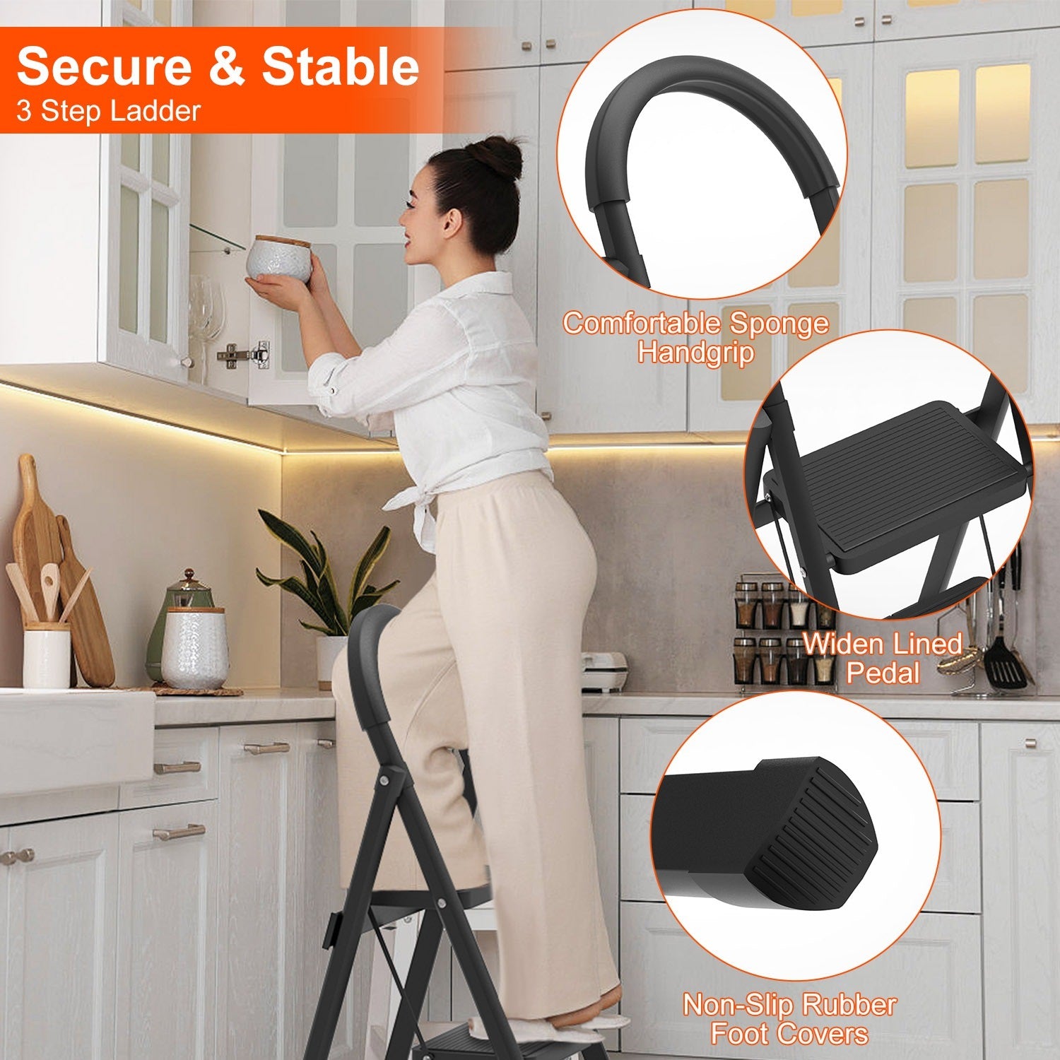 3-Step Foldable Ladder with Anti-Slip Pedals & Soft Handgrip | 330 lbs Capacity