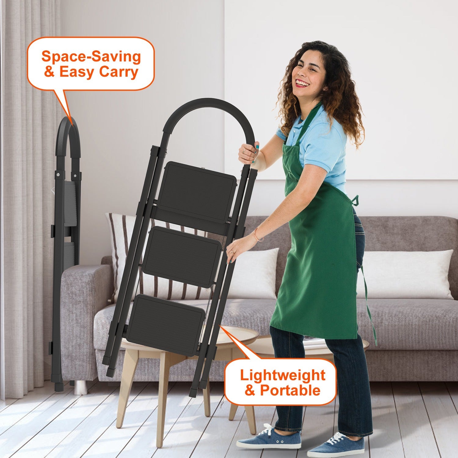 3-Step Foldable Ladder with Anti-Slip Pedals & Soft Handgrip | 330 lbs Capacity