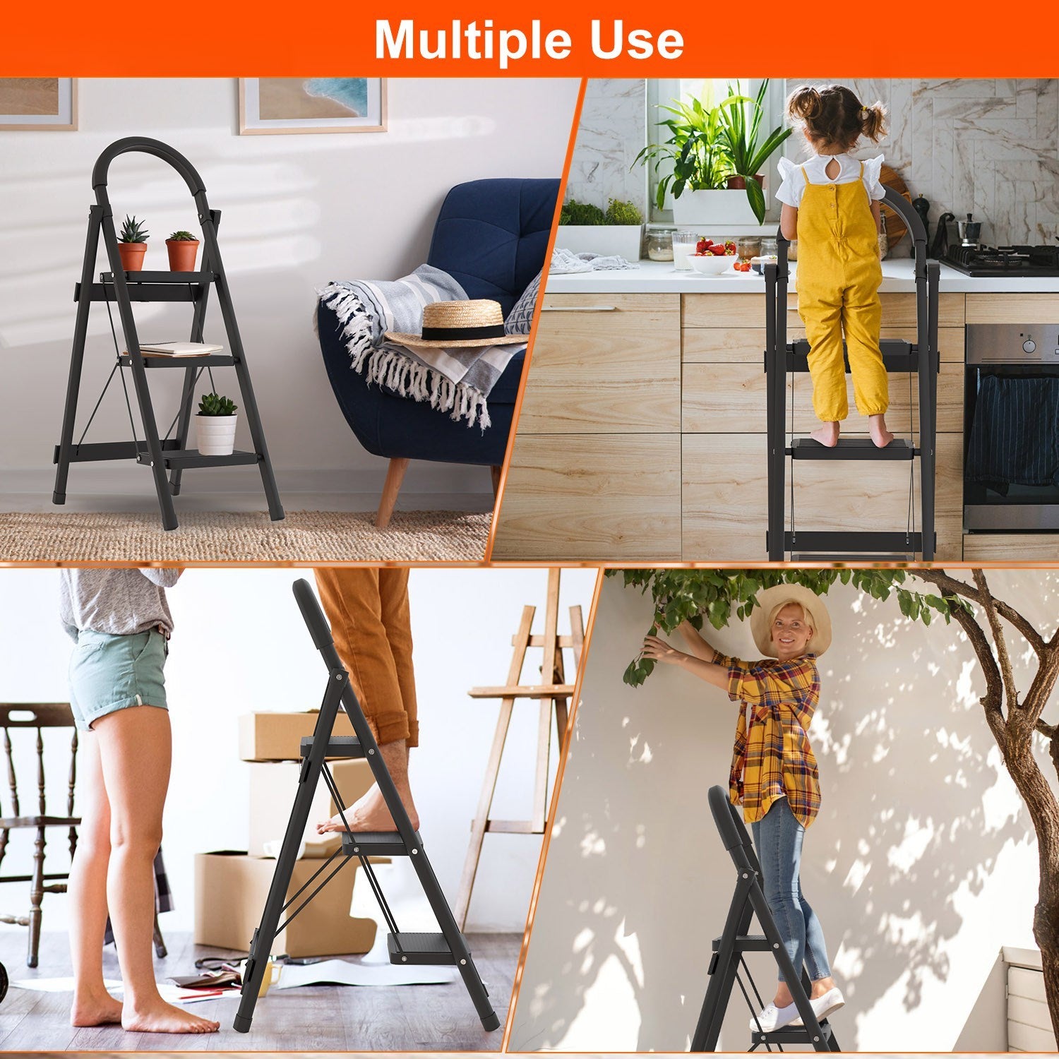 3-Step Foldable Ladder with Anti-Slip Pedals & Soft Handgrip | 330 lbs Capacity