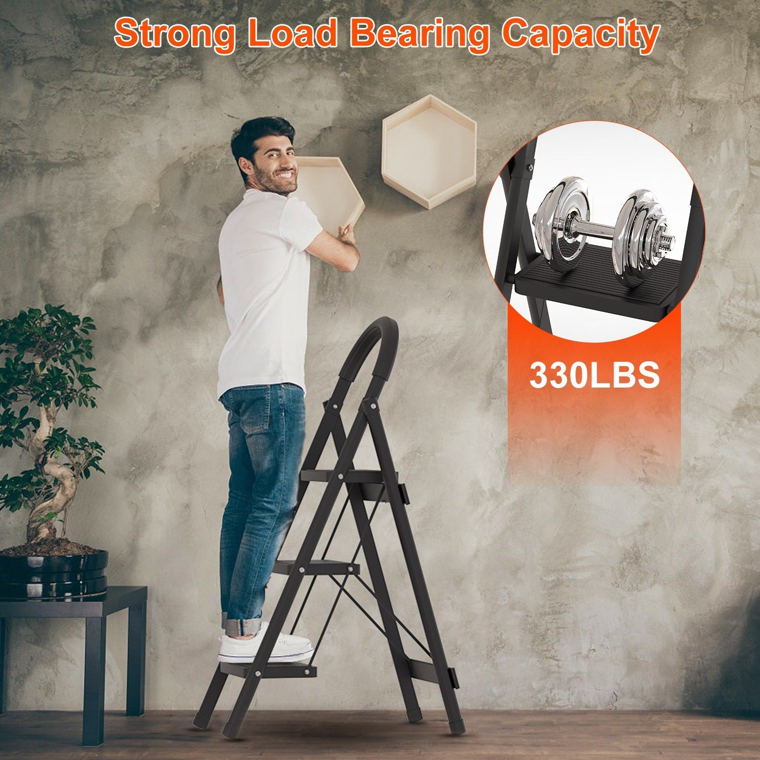 3-Step Foldable Ladder with Anti-Slip Pedals & Soft Handgrip | 330 lbs Capacity